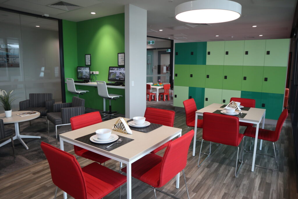 Photo of the dining area showing the dry pantries for families