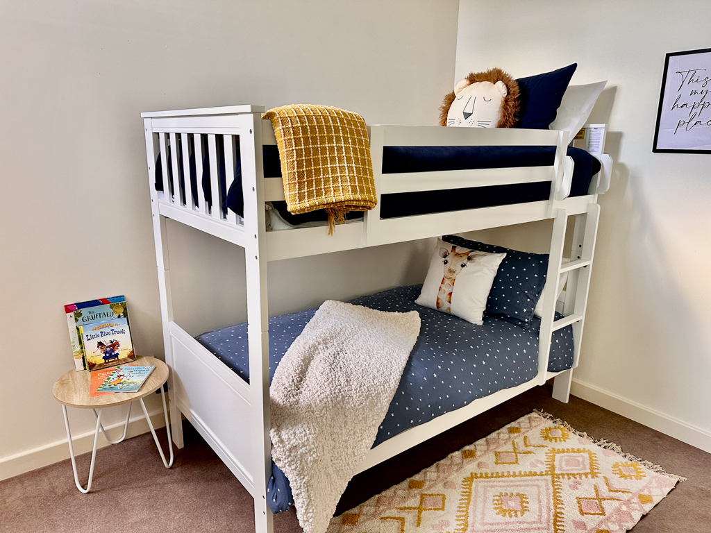 A photo of the second bedroom in the Ronald McDonald Family Retreat in Mandurah, with a bunk bed with two single beds