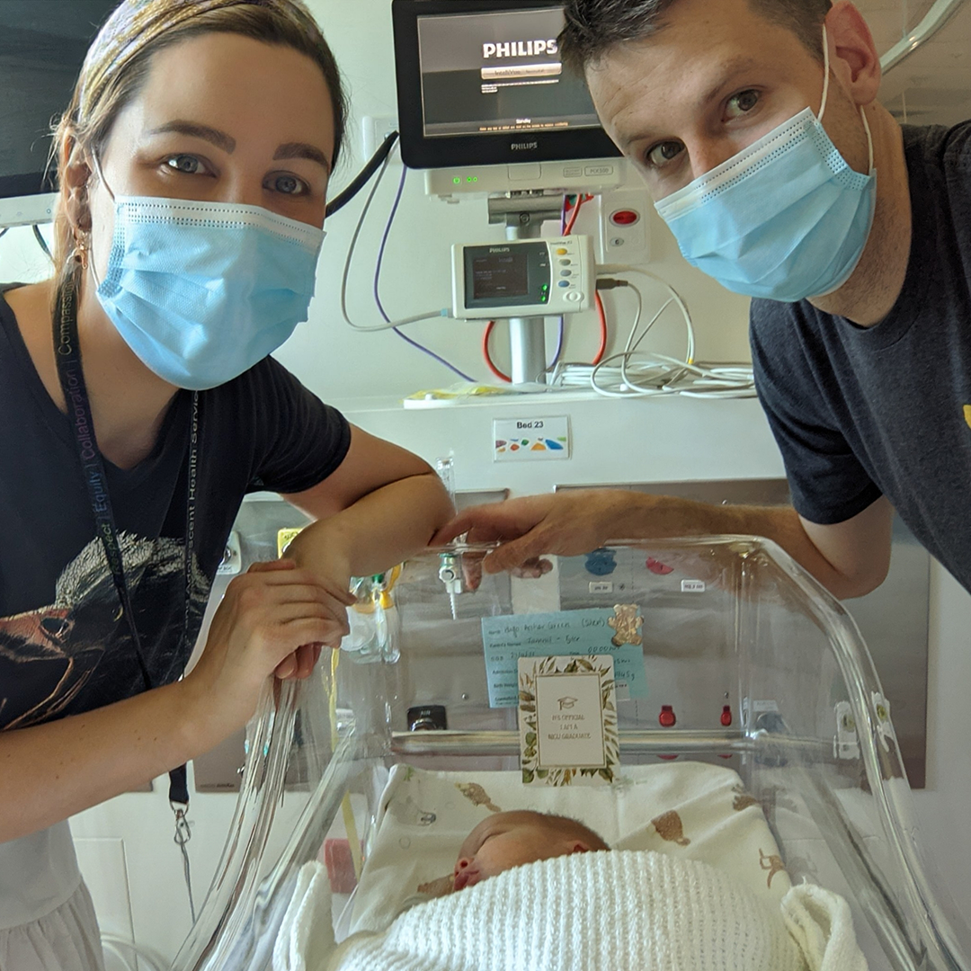 Tammi, Tyler and newborn Hugo in the NICU
