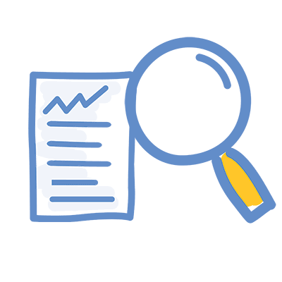 RMHC Research Report Icon Animated magnifying glass moving over a paper with writing on it